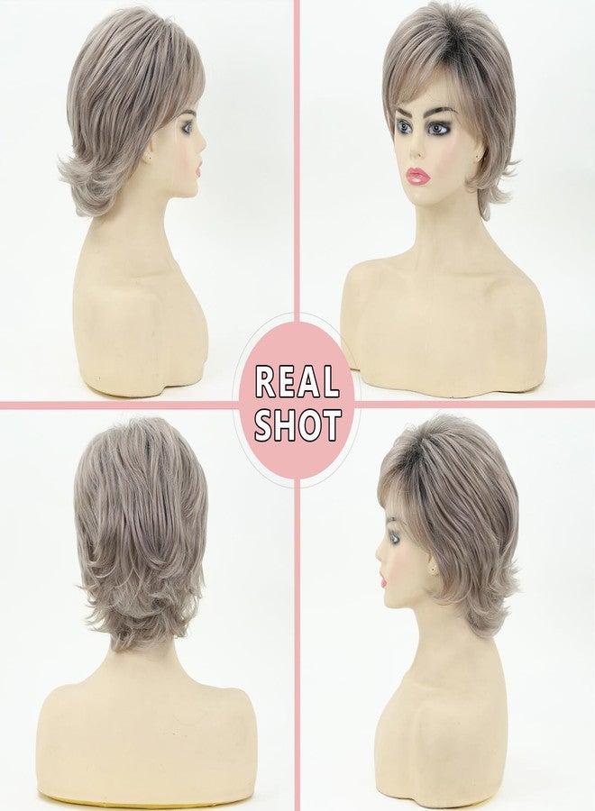 TISHINING Pixie Cut Short Ombre Gray Curly Wigs for White Women Fluffy Layered Mixed Grey Wig with Bangs Natural Looking Synthetic Daily Party Wig - Image 3